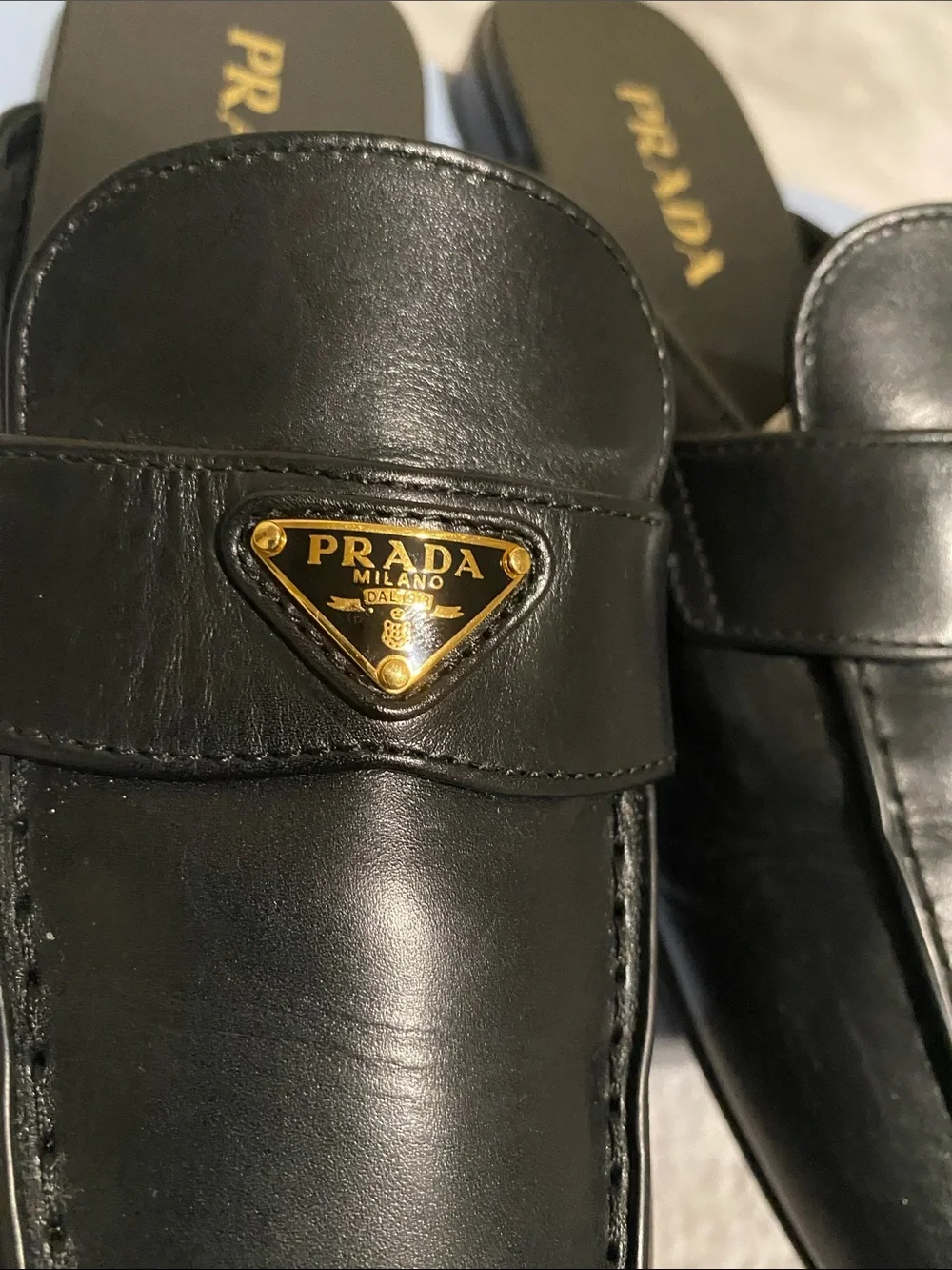 Prada Black Leather Logo Loafer Mules Slide